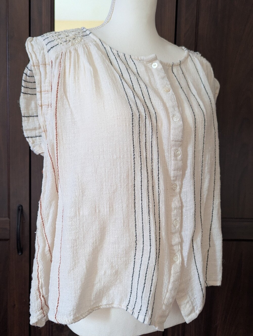 Rachel Zoe Cream Beige Loose Boho Cotton Top Blouse Button Up Embroidered Large